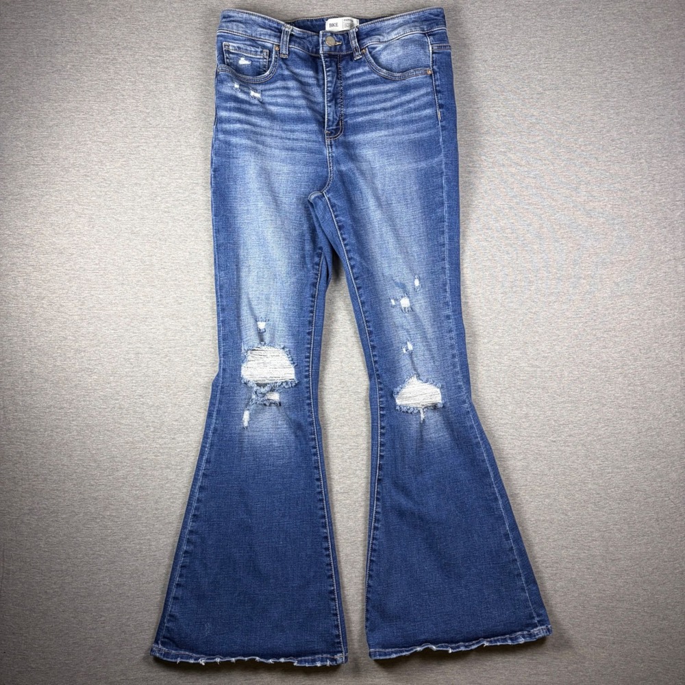 BKE Jeans Women 29 Blue Parker High Rise Super Flare Distressed Raw Hem